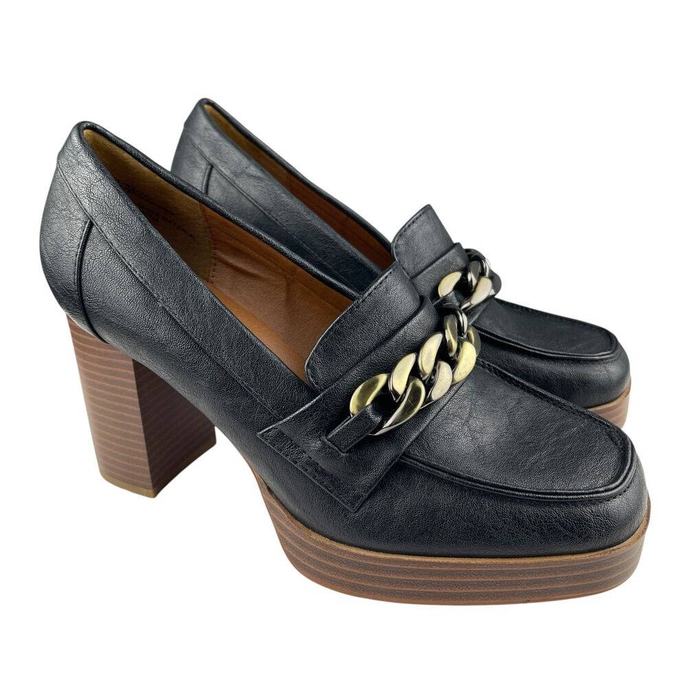 White Mountain Women's Manning Heeled Loafers 8M Black Chain Chunky Platform Y2K
